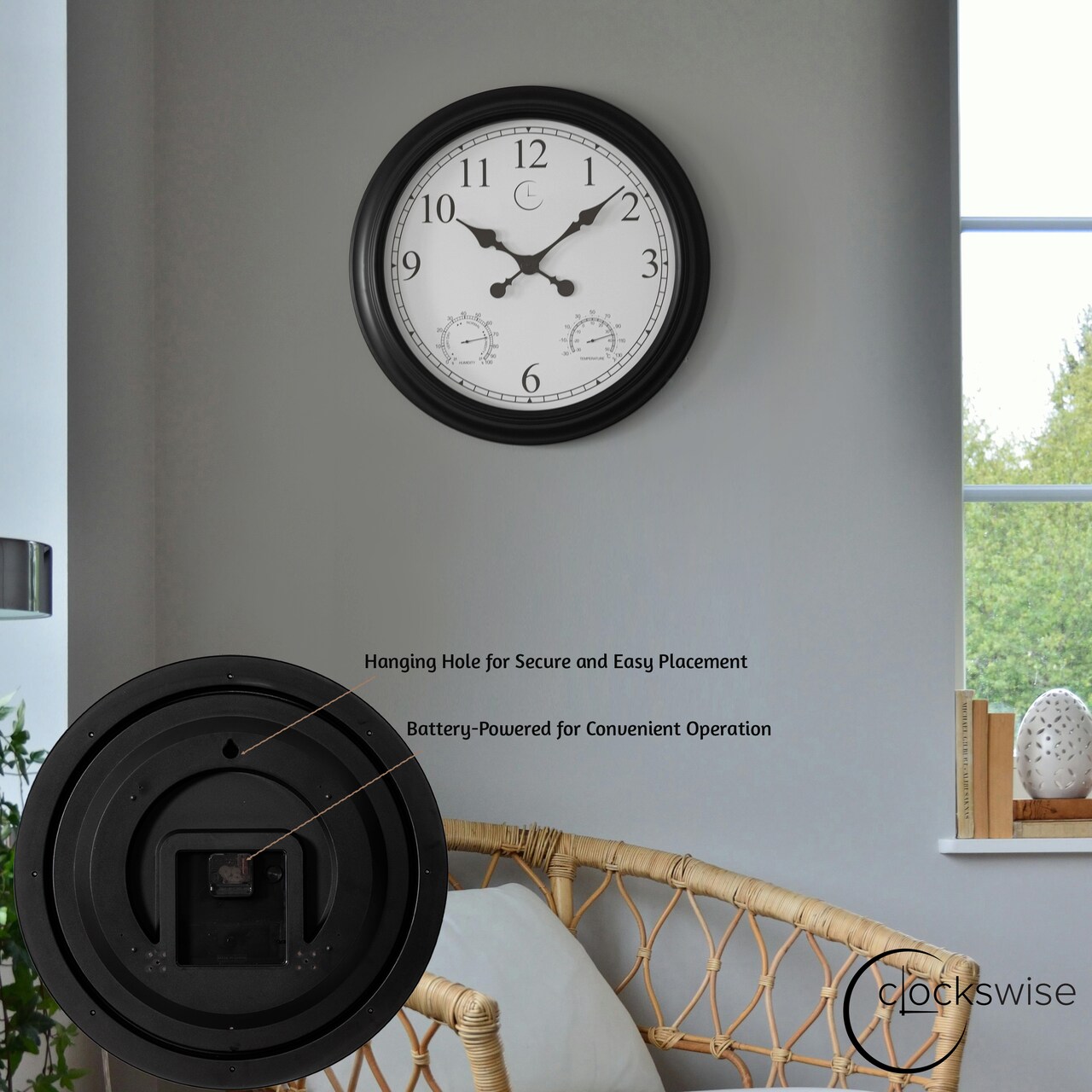 Large Outdoor Wall Clock Thermometer Combo, Waterproof Hygrometer Silent Battery Operated Clocks Timepiece Garden Weather Master Station for Home Indoor or Patio Pool Photography Props Black